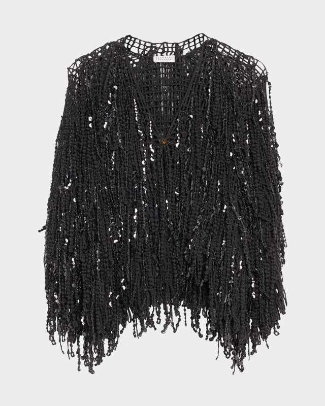 Paillette Fringe Embroidered Single-Button Cardigan
